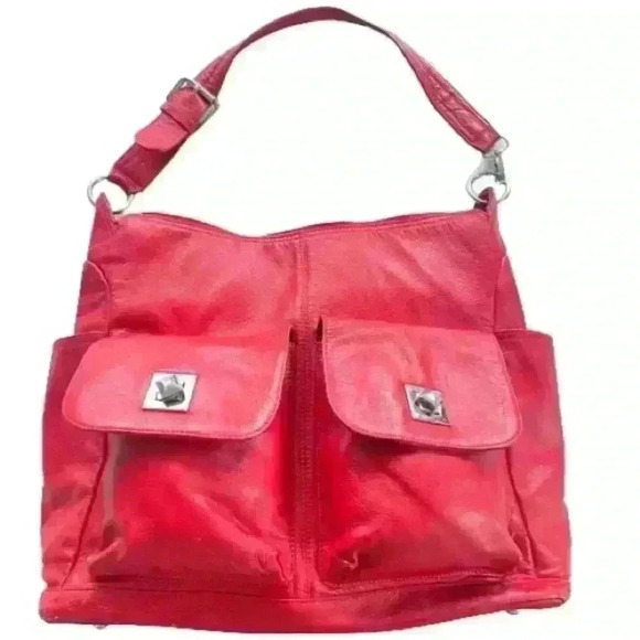 BOOWIGGIE ELLA DUO NAPPY BAG GENUINE LEATHER BABY  RED SHOULDER BAG - Picture 1 of 16